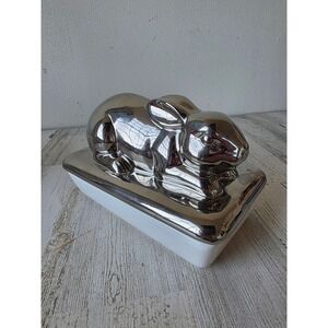 Easter lidded ceramic silver bunny rabbit tray platter candy dish container